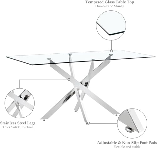 5 Piece Rectangular Glass Dining Table Set, 63'' Modern Kitchen Table Set Silver Base with 4 Minimalism Black Boucle Dining Chairs, Dining Table and Chairs for Home, Apartment - color: Silver+black Chairs, size: 63'' + 4 Chairs