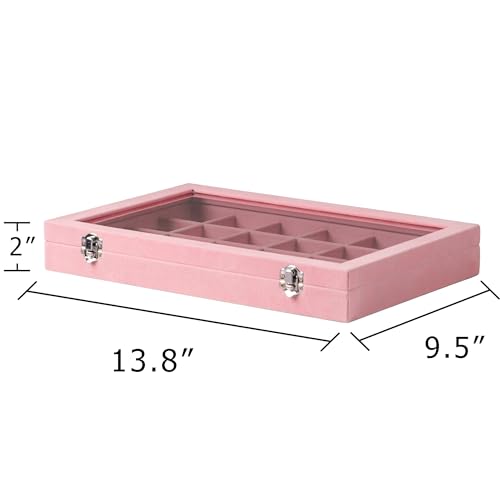 Frebeauty Jewelry Organizer Tray with Clear Lid 24 Grid Velvet Drawer Insert Jewelry Storage box with Transparent Glass lid Jewelry Display Case with Lock Gifts for Girls Women (Pink, 24 Grid) - color: Pink, size: 24 Slots