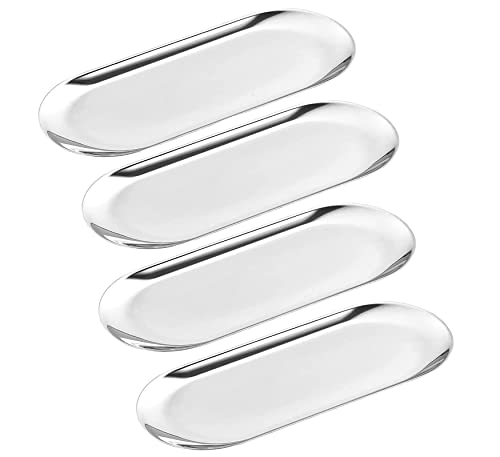 4 Pcs 7 Inch x 3.3 Inch Trinket Tray, Silver Stainless Steel, for Serving Trays Towel Storage Dish Plate Tea Fruit Trays Jewelry Plate Decorative Storage Tray