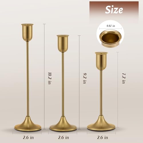 Candlestick Holders, Gold Metal Taper Candle Holders Set of 3, Handmade Heavy Base Brass Vintage Modern Decorative Table Centerpiece for Candlelight Dinner, Fireplace Mantel Wedding Housewarming Décor - color: Brass Gold
