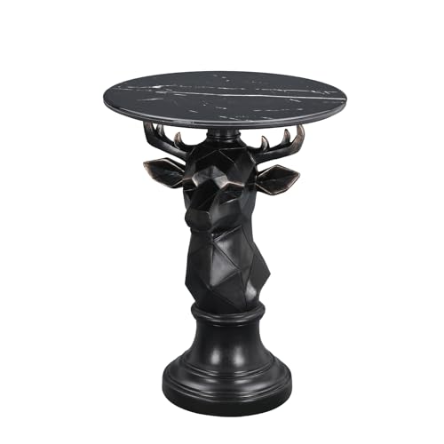 Deer Side Table for Living Room - 20" Faux Marble Top Accent End Table with Hand-Carved Resin Deer Statue Base - Modern Round Bedside Table for Bedroom, Patio, Entryway,Gift - Tool-Free Setup - color: Black Deer