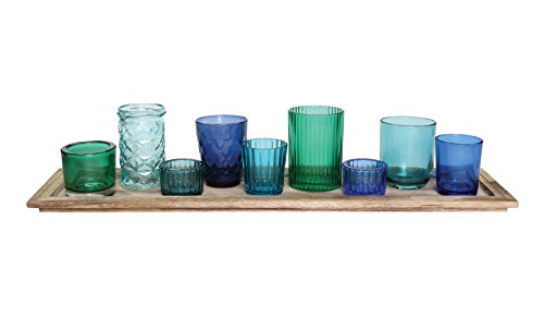 Creative Co-Op Wood Tray with 9 Blue & Green Glass Votive Holders - color: Blues