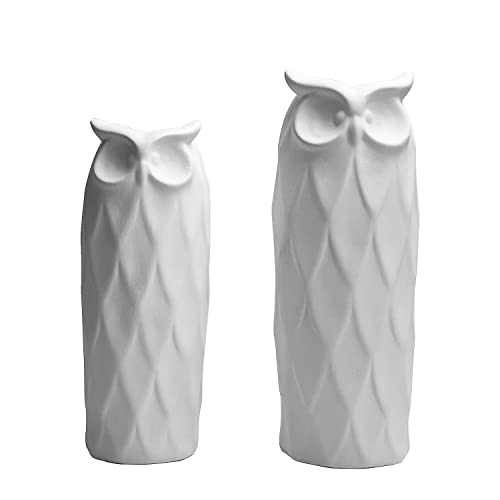 Owl Ceramic Vase Set of 2 for Living Room Bedroom 9.45'' and 8.27'' Modern White Fake Flower Plant Vases for Home Decor Office Table Shelf Fireplace Retro Rustic Farmhouse Vintage Classic Gift - color: White