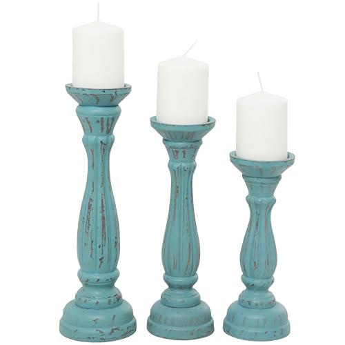 Deco 79 Wooden Decorative Candle Holder Distressed Candle Stand, Set of 3 Candlestick Holder 15", 13", 11"H, Blue - color: Blue, size: Blue