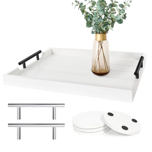 SXNOWS Coffee Table Tray - Large Ottoman Tray for Living Room - Wood Serving Tray with 2 Sets of Handles - Wooden Tray for Coffee Table, 4 Round Coasters Included, White - color: White