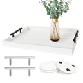 SXNOWS Coffee Table Tray - Large Ottoman Tray for Living Room - Wood Serving Tray with 2 Sets of Handles - Wooden Tray for Coffee Table, 4 Round Coasters Included, White - color: White