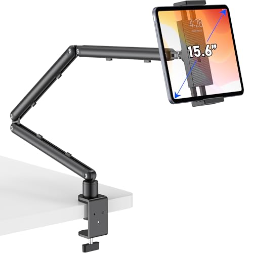 iPad Holder for Desk, Adjustable Tablet Arm iPad Desk Mount with C-Clamp, 30" Foldable Long Arm & 360° Rotation, Fits 4.7"–15.6" i Pad Pro/Air/Mini, Phones & 15.6" Portable Monitors for Desk/Bed Use - color: Black
