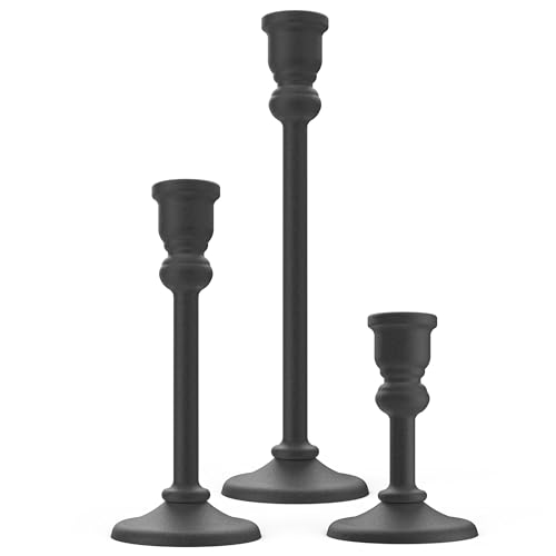 3-Piece Metal Candle Holders Set - Heavy Duty Alloy Taper Candlesticks for Table Centerpiece, Christmas, Dinner Party, Vintage Home Decor - 5-7.5 -10.3Inch Tall, Antique Gold Finish (Black) - color: Black