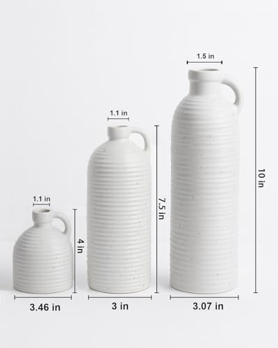 White Ceramic Vase Set of 3 with Handle – Ribbed and Dotted Jug Vases for Rustic Farmhouse Table Centerpiece, Shelf & Mantel Decor - color: White03