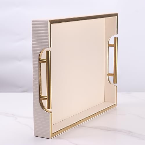 Wooden Structure Leather Decorative Tray With Brushed Champagne Gold Handle - Square Coffee Table Farmhouse Counter PU Serving Storage Tray (White) - color: White