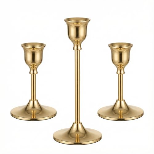 3 Pcs Bell-Shape Gold Candlestick Holders - 7" & 4.7" Tall Taper Candle Holders for Elegant Table Centerpiece and Home Decor