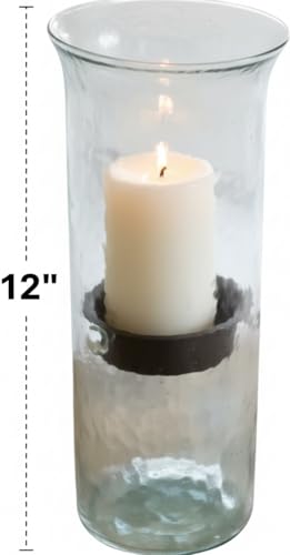 First of a Kind Decorative Glass Candle Holder - 12" Hurricane for Wedding Party Decorations, Hurricane Pillar Candle Holder with Rustic Metal Insert, Perfect Centerpieces for Dining Table (12 Inch) - size: 12" Tall Clear