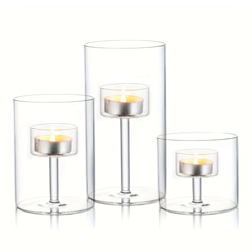 Glass Hurricane Candle Holder, 3pcs Clear Cylinder Candle Holders Bulk for Pillar Candles, Open Ended Glass Candle Pedestal for Wedding Centerpieces Tables, Party, Event(No.01) - size: No.01
