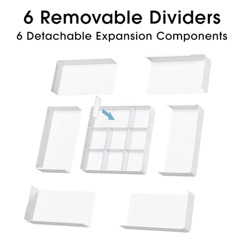 MIUOPUR Expandable Drawer Organizer, Width (10.6"-20.1") Depth (11"-20.1"), Plastic Makeup Drawer Organizer with 6 Removable Dividers, Silverware Organizer, Great for kitchen and Bathroom Drawers - color: White
