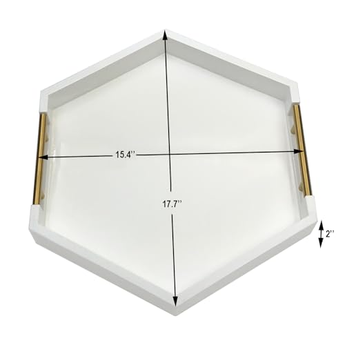 Serving Tray with Polished Metal Handles, Hexagon Coffee Table Tray, Modern Rectangle Decorative Tray, Large Ottoman Tray, Perfect for Storage and Display (White Hexagon) - color: White Hexagon
