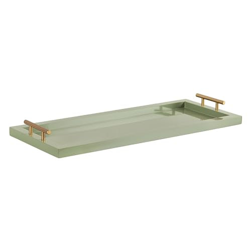 Kate and Laurel Halsey Rectangle Decorative Narrow Tray with Gold Metal Handles; 24 x 10; Green and Gold; Modern Glam Slim Serving Tray with Handles for Living Room Decor
