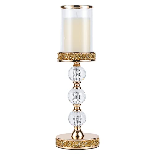 Hurricane Glass Candle Holders, Gold Pillar Candle Holders for Pillar Candle, Magnetic Glass Cover, Crystal Candlesticks Holder for Dining Coffee Table, Wedding,Events,Parties, Home Decor - size: 3 crystal balls