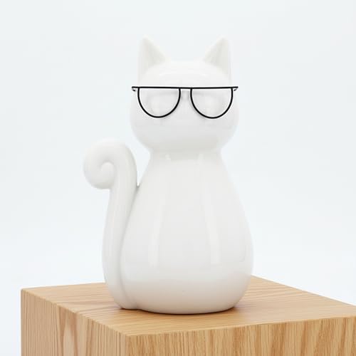 7" Cat with Glasses Sculpture - Contemporary Porcelain White and Black Cat Statue for Home or Office Decor - Cat Lover Gift Idea - Decorative Home Decor Accent - size: 7.0" H
