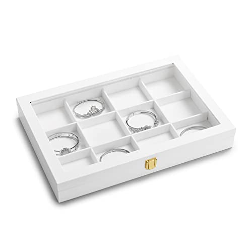 Oirlv White 12 Gird Jewelry Organizer Tray with Acrylic Lid Premium Leather Jewelry Box with Transparent Lid Bracelet Bangle Watch Display Case - color: White, size: 12 Grid
