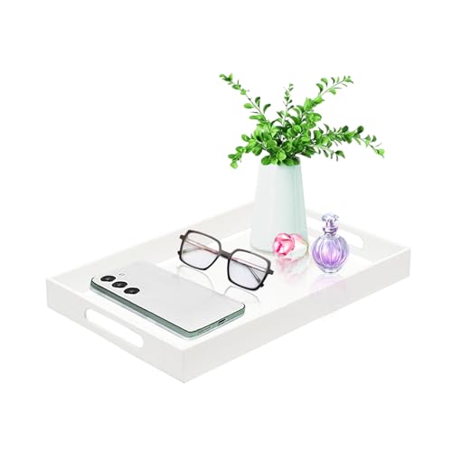 SetGame Acrylic Serving Tray with Handles, Bathroom Desktop Decorative Storage Arylic Trays, Simple Vanity Tray Food Tea Fruit Dinner Snack Tray for Bar Kitchen Party - color: White