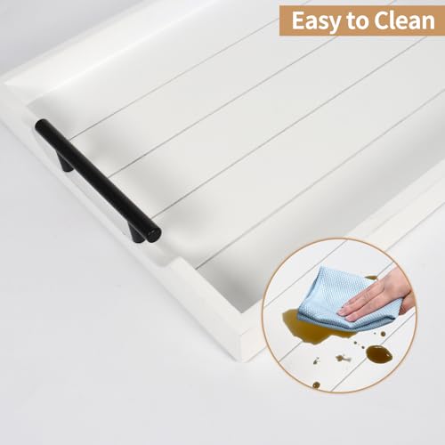 SXNOWS Coffee Table Tray - Large Ottoman Tray for Living Room - Wood Serving Tray with 2 Sets of Handles - Wooden Tray for Coffee Table, 4 Round Coasters Included, White - color: White