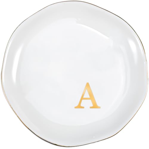 ProCase Ceramic Jewelry Tray, Initial Ring Dish Trinket Plate Engagement Gift, Small Personalized Monogram Ring Bowl for Wedding, White Decorative Jewelry Holder for Women Vanity -Letter A - style: A