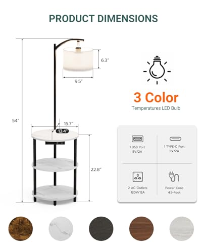 Round Side Table with Lamp and USB Ports, 3-Tier Small End Table for Living Room & Bedroom, Rustic Wood Metal Nightstand for Small Spaces, Easy to Assemble, Marble White - color: Marble White, size: 1-Pack, style: Built-in Charging + Lighting