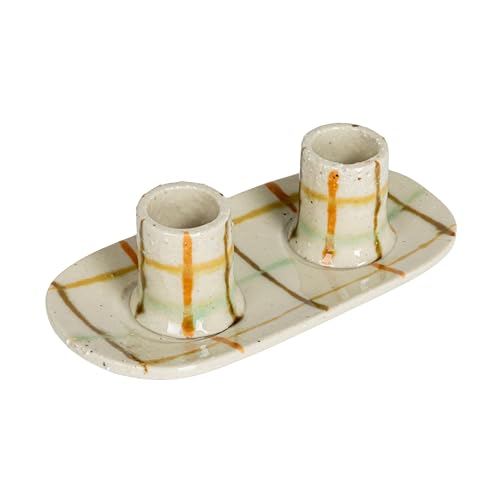 Creative Co-Op Checkered Charm Stoneware Taper Holders, Multicolor - style: Taper Holder