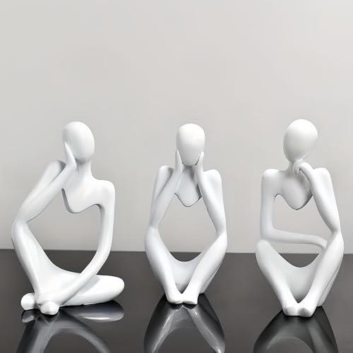 Thinker Statues Home Decor, Set of 3 Pcs White Resin Trendy Abstract Art Sculpture Collectible Figurines Home Office Bookshelf Bedrooms Living Room Coffee Shops Desktop Decoration Aesthetic Ornaments - color: White