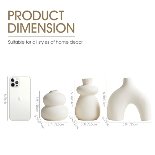 White Ceramic Vase Set of 3 Small Flower Vases for Home Decor, Modern BohoVase for Pampas Grass, Round Decorative Vases Table Centerpieces for Wedding Living Room Shelf Coffee Table (White Vase - B) - color: White Vase - B