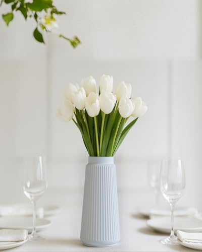 White Ceramic Vase, 8 Inch Conical Flower Vase for Pampas Grass, Modern Minimalist Ribbed Decorative Vase for Living Room Table, Shelf Decor - color: Matte White03