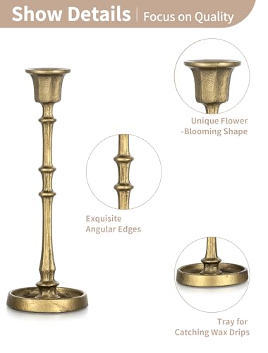 NUPTIO Cast Iron Candlestick Holders: Antique Brass Taper Candle Holders with Unique Drip Wax Aesthetics - Set of 3 Gold Candle Sticks Holder Fireplace Mantel Decor