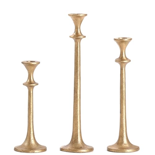 Gold Taper Candle Holders Set of 3, Heavy Candlestick Holders Decorative Candle Stand for Table Centerpiece, Cast Iron Candle Stick Holder Decor - color: Antiqued Gold 2