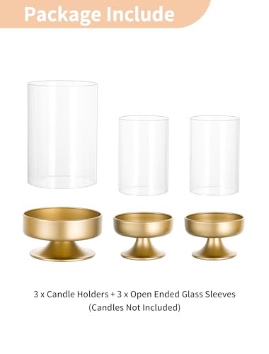 NUPTIO Candle Holders for Pillar Candles: Gold Large Holders with Hurricane Glass Sleeve for Outdoor - Brass Stands Set of 3 for Fireplace Table Centerpiece