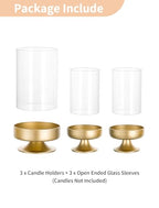 NUPTIO Candle Holders for Pillar Candles: Gold Large Holders with Hurricane Glass Sleeve for Outdoor - Brass Stands Set of 3 for Fireplace Table Centerpiece