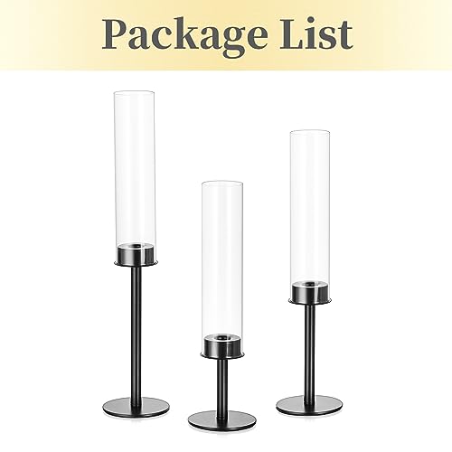 Hewory Black Candlestick Holders Hurricane Candle Holder, 3Pcs Candle Stick Candle Holder Candelabra, Taper Candle Holders with Glass Candle Cover for Wedding Table Centerpiece Christmas Decor - color: Black, size: 3pcs