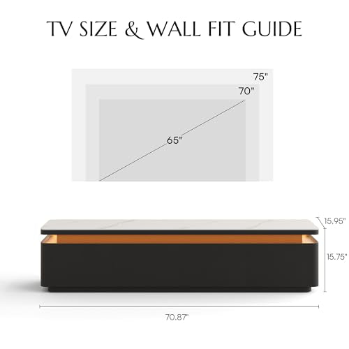 POVISON Fully Assembled 71" Mid-Century Modern TV Stand with LED Lights, White Glossy Sintered Stone Top Media Console for 65 Inch TV, Drop-Down Doors & Drawers, Open Storage for Living Room - color: White & Black, size: 71"