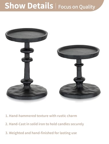 NUPTIO Pillar Candle Holder Black: Solid Cast Iron Candle Stand for 3 Inch Pillars - Handcrafted Hammered Candleholder for Thanksgiving Christmas Fireplace Mantle Decor - color: Black