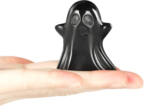 Artistone 1.7" Crystal Ghost Statue Carved Gemstone Halloween Ghost Sculpture Figurine Ornament Healing Stone for Home Office Mantel Decor (Black Obsidian)