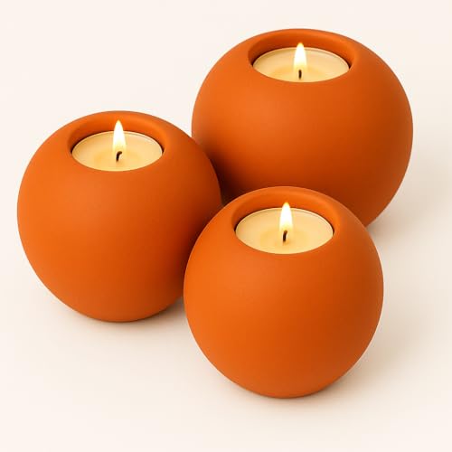 Concrete Sphere Tea Light Holder - Minimalist Centerpiece - Candle Holder - Modern Interior Design (Firestone Orange, Set of 3 Sizes) - color: Firestone Orange, size: Set of 3 Sizes