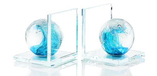 Arikyrist 1 Pair Crystal Bookends for Heavy Books with Hand Blown Ocean Waves Ball Glass Decorative Non Skid Bookends for Bookshelf Office Home (Lake Blue and Dark Green) - color: Lake Blue and Dark Green