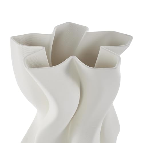 Deco 79 Ceramic Abstract Decorative Vase Ribbed Dimensional Wavy Centerpiece Vase with Floral Shaped Rim, Flower Vase for Home Decoration 8" x 8" x 13", White - color: White, size: 8" x 8" x 13"