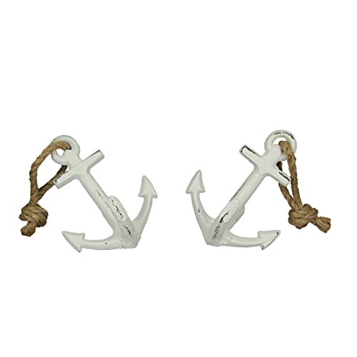 Pair of Timeless Antique White Cast Iron Boat Anchor Bookends - Nautical Home Decor Sculptures for Stylish Bookshelf Accents, 4.5 Inches Long - Maritime Elegance - color: Anchor - White