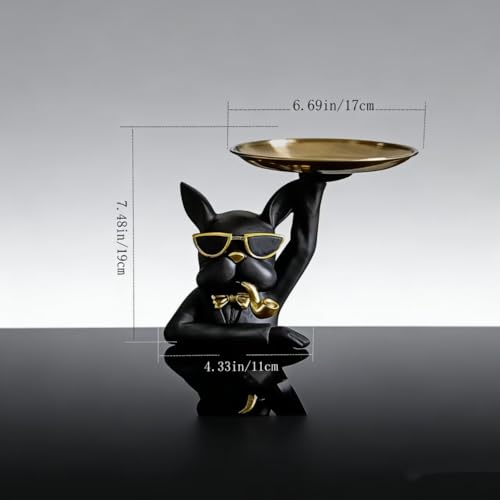 Black Dog Sculpture Tray 7.5 Inch Resin Statue Figurine with Removable Serving Tray, Cute Animal Decor for Entryway Coffee Table, Farmhouse Jewelry Catchall Key Holder - color: Black