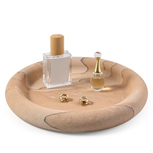 Real Natural Marble Tray, Marble Round Decorative Vanity Tray for Bathroom Countertop, Kitchen Counter, or Catchall, Coffee Table Tray for Jewelry (Vein Sandstone) - color: Sandstone