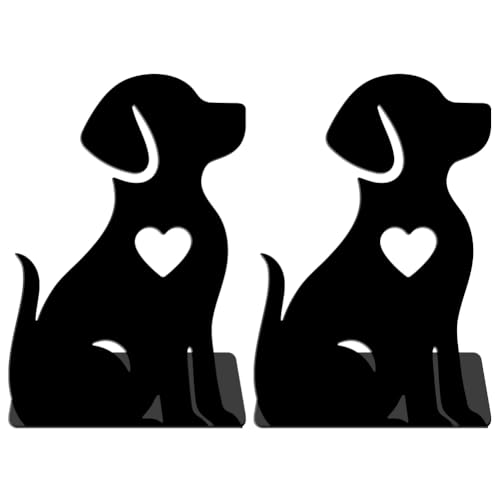 WADORN Dog Metal Bookends for Shelves Decorative 1 Pair, Puppy Heavy Duty Books End Support Non-Skid Book Holder Animal Black L-Shaped Book Stopper for Home Office Desk Books Divider, 4.7x3.5x7 Inch - color: Dog Heart