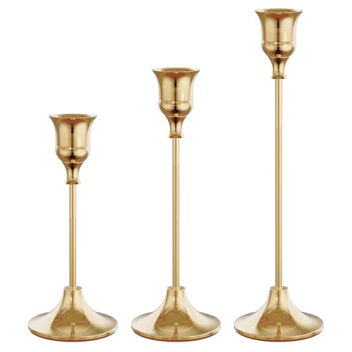 NLBTW French Gold Candlestick Holders Taper Candle Holders, Set of 3 Vintage Candle Sticks Holder Decor Used as Fireplace Mantel or Table Centerpieces for Wedding, Dinning, Party - color: French Gold, size: 1 set (3 pcs)