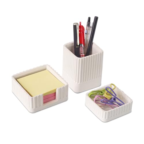 Desk Organizer Set of 3 for Office Accessories - Includes Pen Holder, Paperclip Storage, and Sticky Note Holder - Aesthetic Concrete Desktop Accessories for Women or Men, Office Decor (White) - color: White