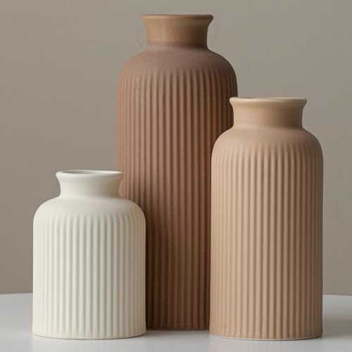 Large Modern Ceramic Vase Set, Coffee Ribbed Matte Design, 3-Piece Decorative Vases for Home, Living Room, Office (XL Coffee Mix) - color: XL Coffee Mix