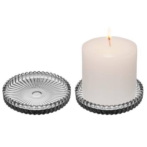 2 Pack Glass Pillar Candle Holders 4 Inch Ribbed Edge Design Decorative Candle Plate with Serrated Edges Clear Gray Display Stand for Wedding Home Decor Table Centerpieces - color: Gray